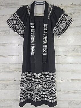 MAYA Guatemala Embroidered Black Cotton Dress Tunic SMALL Boho Folk Huipil Style